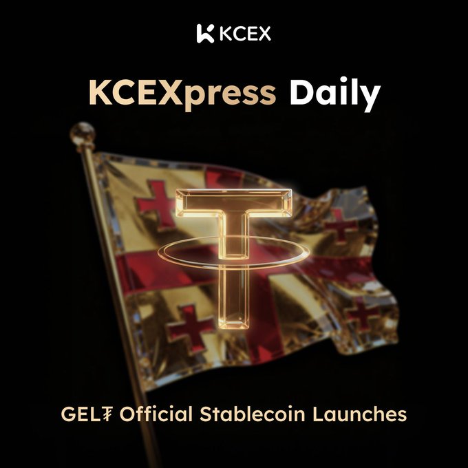 The image features a gold-colored flag with a Tether logo at its center. The text "KCEXpress Daily" is written above the flag, indicating that the image is related to the cryptocurrency exchange KCEX. Below the flag, there's some text that reads "GEL7Official Stablecoin Launches". This suggests that GEL7 has launched a stablecoin called Tether, which is backed by the Georgian government and central bank. The purpose of this stablecoin is to provide fast, low-cost cross-border payments, reducing FX risk for local currency users.