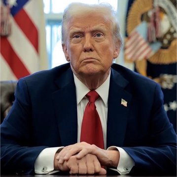President Trump is pictured, looking serious, in a setting that suggests an official capacity. This image accompanies a post stating his claim that the U.S. "completely controls" the Strait of Hormuz.