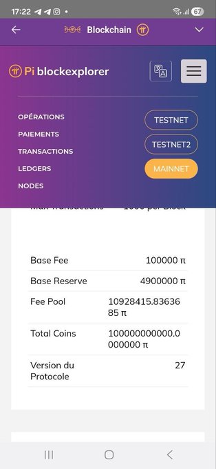 A mobile screenshot of a Pi blockexplorer app showing the Blockchain section with options for TESTNET, TESTNET2, and MAINNET, displaying data including Base Fee (100000 π), Base Reserve (4900000 π), Fee Pool, Total Coins, and Version du Protocole (27).