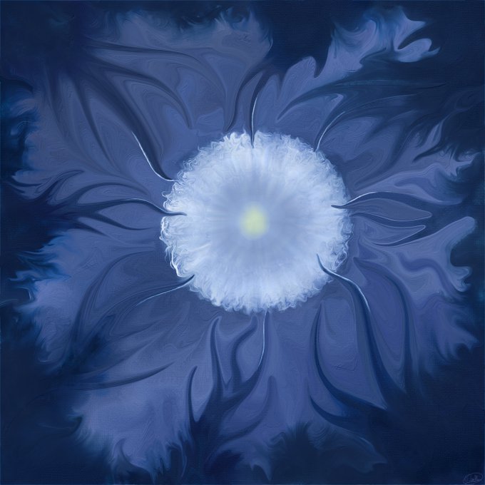 Digital artwork featuring a glowing blue and white circular portal-like shape radiating outward against a dark blue swirling background.
