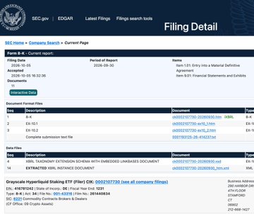 The image shows an SEC EDGAR filing detail page for Greyscale's Form 8-K current report (ticker: CIK: 0001829303), filed on October 21, 2024, with item 7.01 about Regulation FD disclosures, supporting the news that Grayscale filed an 8-K with the SEC regarding a Hyperliquid staking ETF.