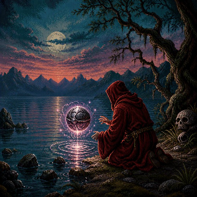 The image features a man dressed in red robes kneeling at the edge of a lake with a large ball floating near his feet. The man appears to be a wizard or a witch, as he holds a crystal ball above him. In the background, there are mountains and trees that add to the mystical atmosphere of the scene. The caption "@basileus_eth" is present in the image, which could potentially be a reference to the character @basileus from the video game series @basileus: The Darkest Path.