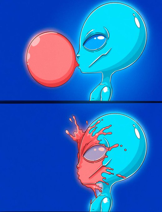 A two-panel cartoon showing a blue alien blowing a pink bubble that violently bursts and splatters over its face.