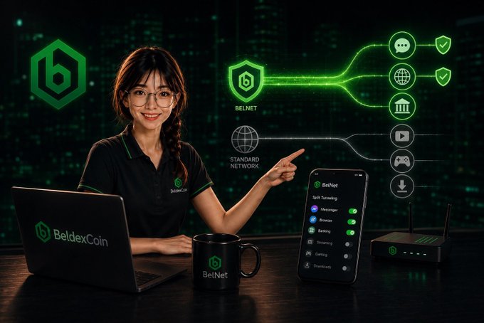 A promotional image for BeldexCoin and BelNet featuring a smiling woman with braided hair and glasses pointing to a network diagram, accompanied by a laptop displaying the BeldexCoin logo, a BelNet-branded mug, a smartphone showing BelNet split tunneling options, and a router device.