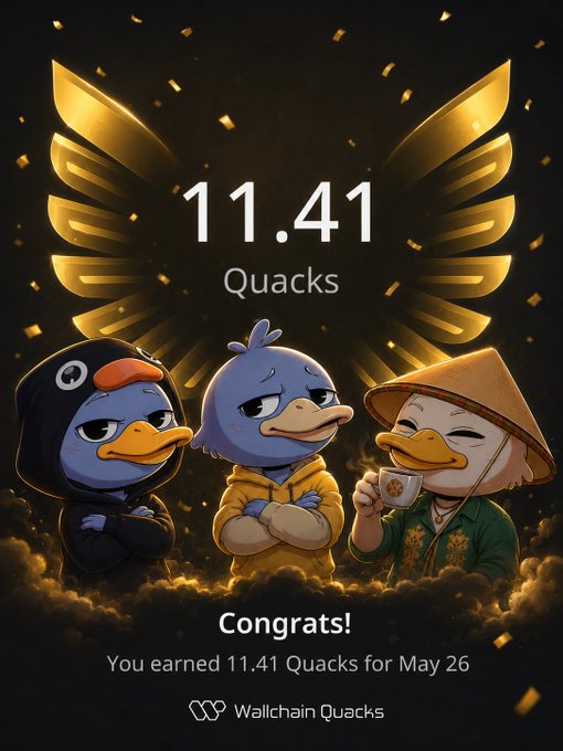In this image, a group of ducks are featured against a black background adorned with gold wings and stars. Three ducks stand out, wearing a hat, another wears a necklace, and the third has both hands folded together while holding a cup. The text "Quack night Legends We continue with the therapy Just earned 11.41 Quacks for May 26" is visible in the image.

The post discusses how players can earn points by completing various Quack-related tasks or challenges. These tasks typically involve solving puzzles, helping other players, or demonstrating certain skills, and then receiving points based on their accomplishments. The post suggests that there's a leaderboard where players' scores can be compared with others'. The ducks in the image are likely representing some of these achievements within the Quack night Legends game.