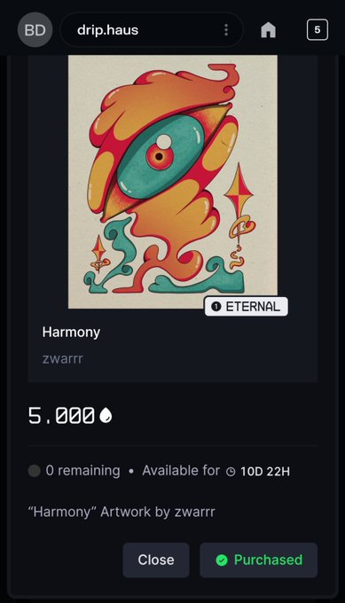 The image shows a digital collectible marketplace listing for "Harmony" by artist zwarrr, featuring vibrant psychedelic artwork of a flame-like creature with a prominent eye, priced at 5,000 (with 0 remaining and 100 days, 22 hours left), marked as "Purchased" and labeled "ETERNAL" — aligning with the post celebrating the artwork being welcomed into the collection.