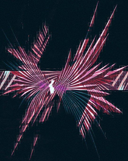 An abstract, geometric digital artwork depicts a starburst or bird-like form in shades of pink and red with sharp, radiating lines against a dark blue-black background.