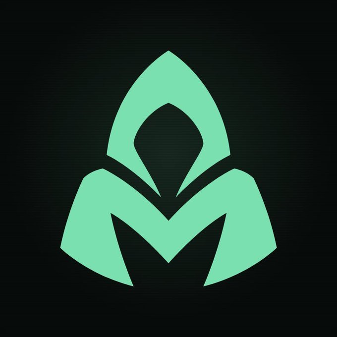 A minimalist green logo on a black background featuring a stylized 'M' shape with a pointed, flame-like or leaf-like element on top.