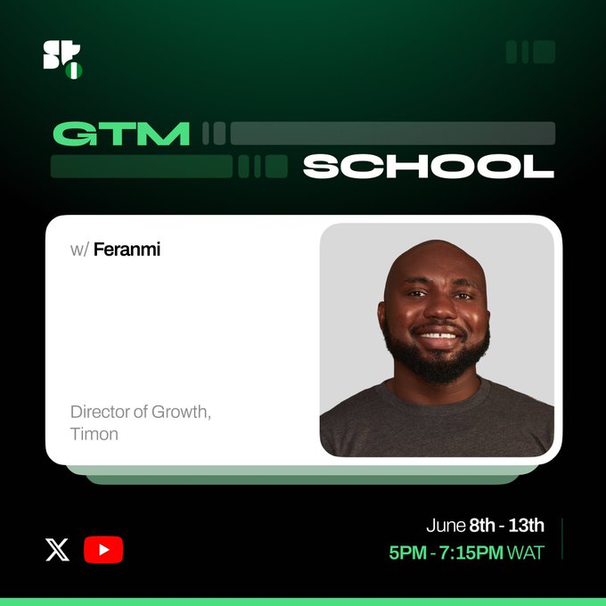 The image features a man with a beard wearing a gray shirt smiling for the camera. The background of the image is black, making the man stand out prominently. Below the man's photo, there are some text elements that read "GTM School" and "Director of Growth at Timon". Additionally, there is an arrow pointing to the right side of the image, indicating a direction or location related to the event.