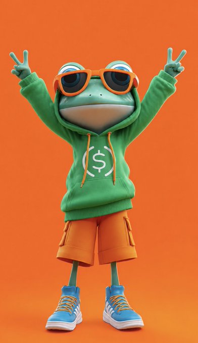 A 3D-rendered green frog wearing orange sunglasses, a green hoodie with a dollar sign logo, orange shorts, and blue sneakers poses with both hands making peace signs against an orange background.