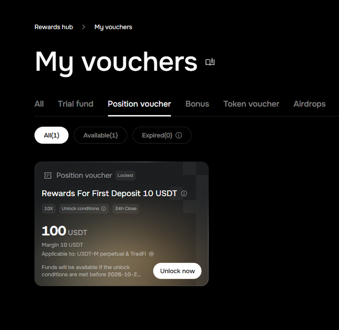 A screenshot of a 'My vouchers' page displays a 'Locked' 'Position voucher' offering 'Rewards For First Deposit 10 USDT' with '10X' leverage and '24h Close' conditions, requiring a minimum margin of 10 USDT.
