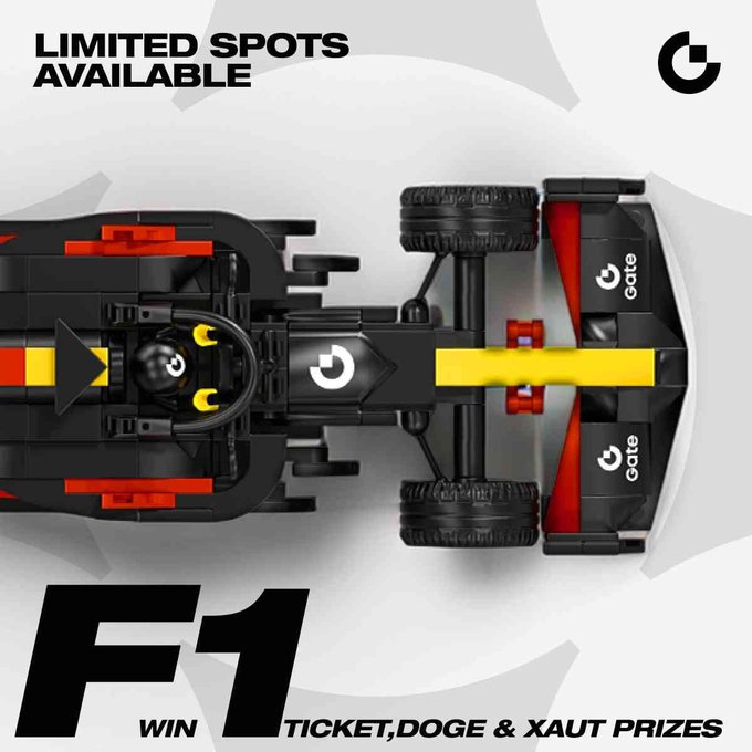 Promotional graphic for a Gate.io F1 race car with text 'LIMITED SPOTS AVAILABLE' and 'F1 WIN TICKET, DOGE & XAUT PRIZES'.
