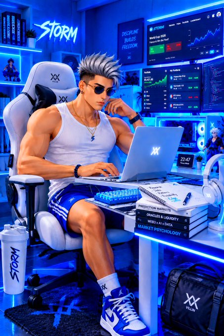 Anime-style illustration of a muscular man with sunglasses working on a laptop in a high-tech blue-lit gaming setup with multiple monitors displaying trading charts.