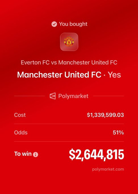 A Polymarket betting confirmation screen on a red background showing a $1,339,599.03 wager on Manchester United FC to win against Everton FC, with 51% odds and a potential payout of $2,644,815.