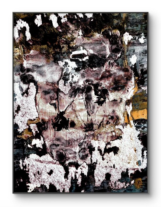 An abstract painting featuring textured layers of black, white, gold, and purple paint with visible drips and thick impasto marks, framed in black.