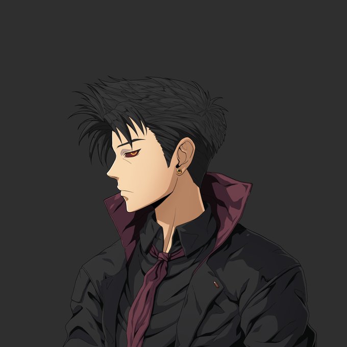 An anime-style illustration of a young man with spiky black hair, wearing a dark jacket and a purple scarf, viewed in profile against a gray background.