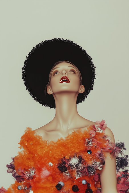 A high-fashion photo of a woman wearing a dramatic black textured afro-style hat and an elaborate orange and pink floral garment, posing with her head tilted upward against a pale green background.