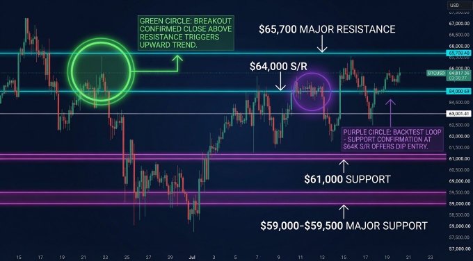 Bitcoin (BTC) trading chart annotated with key levels: $65,700 major resistance, $64,000 S/R, $61,000 support, and $59,000-$59,500 major support, with a green circle marking a confirmed breakout and a purple circle indicating backtest support confirmation at $64K.