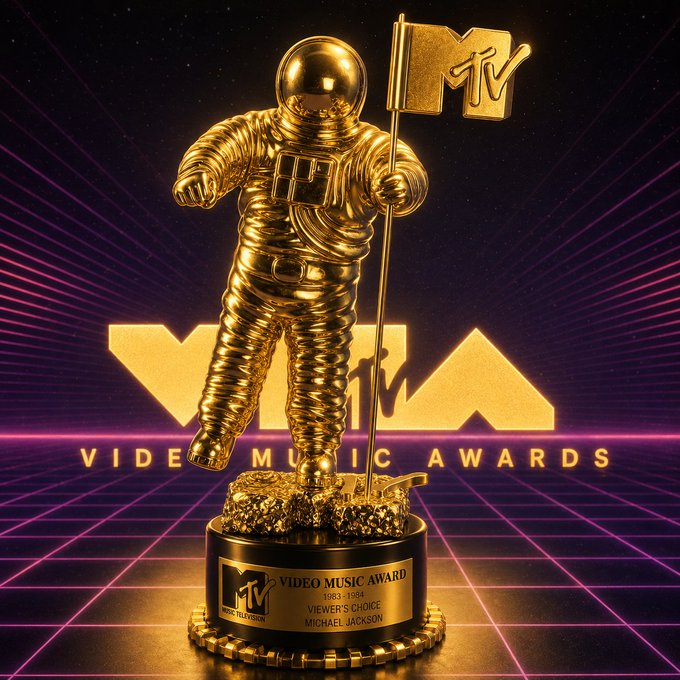 A golden MTV Video Music Award statuette of an astronaut holding a flag, with a plaque reading 'VIDEO MUSIC AWARD 1983-1984 VIEWER'S CHOICE MICHAEL JACKSON'.