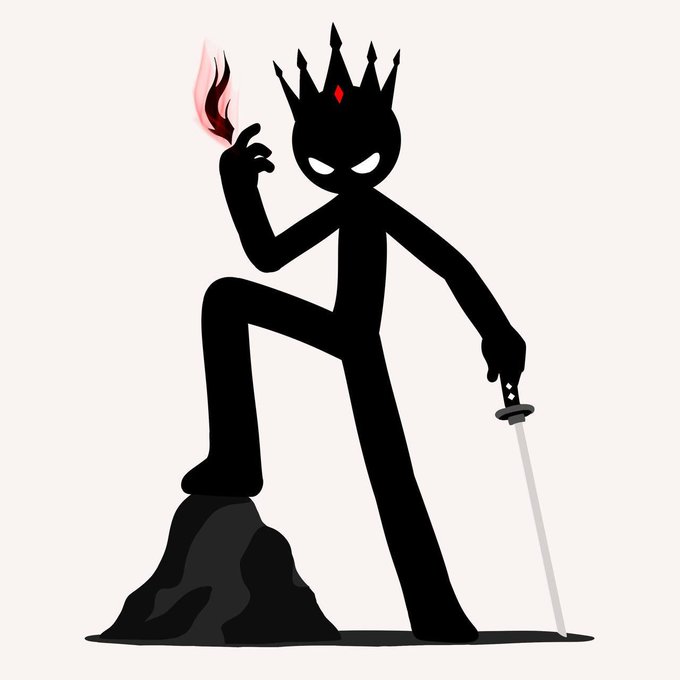 A silhouette illustration of a crowned figure with glowing eyes and a red gem, holding a flame in one hand and a sword pointed downward while standing on a rock.