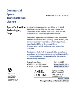 A Commercial Space Transportation License issued to Space Exploration Technologies Corp., with License No. VOL 23-129 Rev 9.0, signed by Ansel Collins, Manager of the Safety Authorization Division.