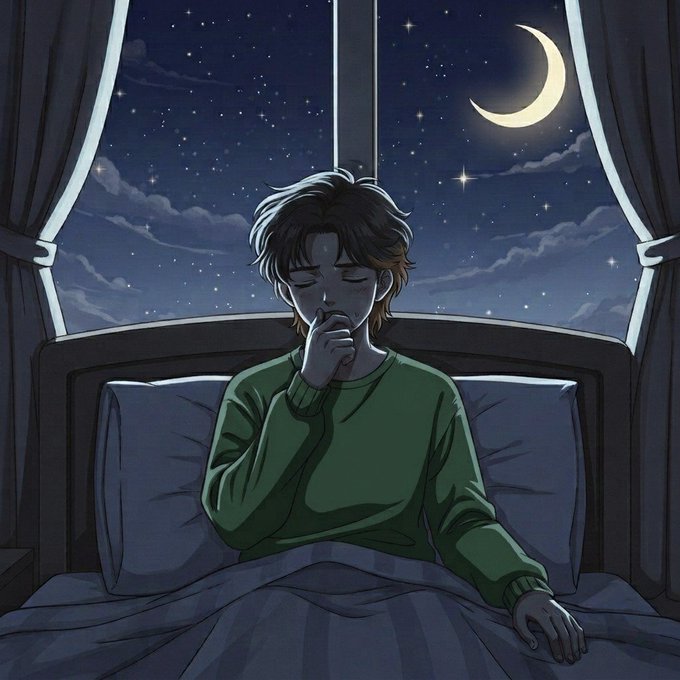 An anime-style illustration shows a young boy with brown hair sitting up in bed against a night sky with a crescent moon and stars, appearing to cough or cover his mouth while wearing a green sweater.