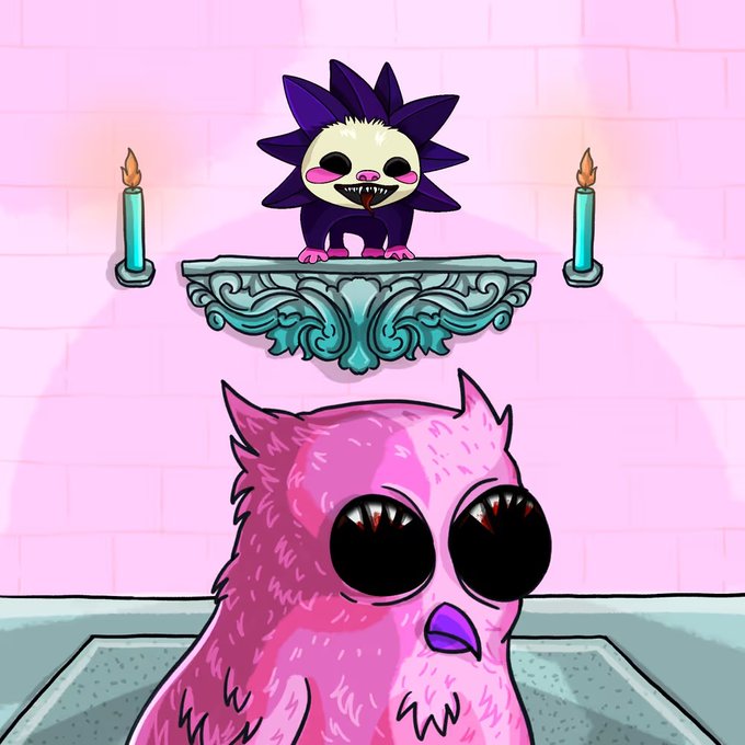 A cartoon scene showing a startled pink fluffy monster with large black eyes below a decorative shelf where a small purple spiky creature with sharp teeth sits between two lit candles.