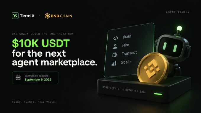 A promotional graphic for the 'BNB CHAIN BUILD THE ERA HACKATHON' by Termix, advertising '$10K USDT for the next agent marketplace' with a submission deadline of September 9, 2026, alongside a 3D robot graphic.