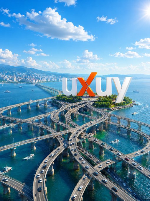 The image features a large, colorful sign that reads "UXUY", which appears to be an advertisement for a website or service. The sign is located at the center of the frame, surrounded by multiple bridges spanning across a body of water. There are several cars and boats visible in the scene, indicating that this location is likely near a busy transportation hub.