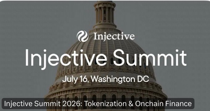 A promotional graphic for the "Injective Summit" featuring the Injective logo and the U.S. Capitol dome in the background, with text announcing the event on July 16 in Washington DC, captioned "Injective Summit 2026: Tokenization & Onchain Finance." The Capitol imagery reinforces the post's emphasis on policymakers, regulators, and Congress gathering alongside major crypto institutions like BlackRock, Grayscale, and Circle.