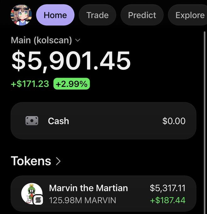 The image shows a crypto portfolio on Kolscan displaying a total value of $5,901.45 (up +$171.23, +2.99%), with the main holding being 125.98M Marvin the Martian tokens (MARVIN) valued at $5,317.11 (+$187.44). This aligns with the post celebrating a nearly 3% gain on $MARVIN, as the "+2.99%" gain in the portfolio directly reflects the airdrop-driven pump the user is hyping toward their "send it to Mars" goal.