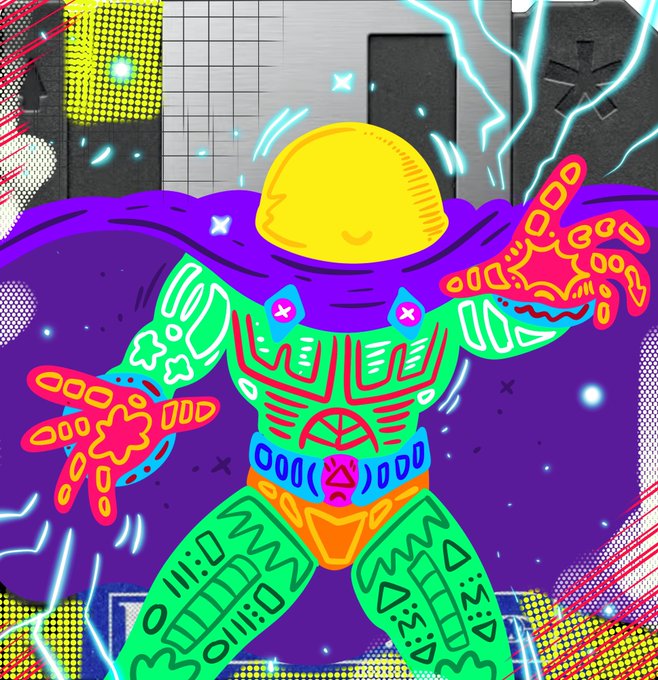 A vibrant, pop-art style digital illustration features a muscular green figure wearing a purple cape, blue trunks, and a yellow hard hat, with one hand on fire and the other shooting lightning, set against an urban background.