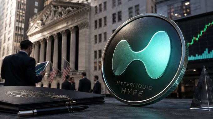 A large coin featuring the Hyperliquid 'HYPE' logo prominently displayed in the foreground, with a stock chart, a briefcase, and people in business attire near a classical building in the background.