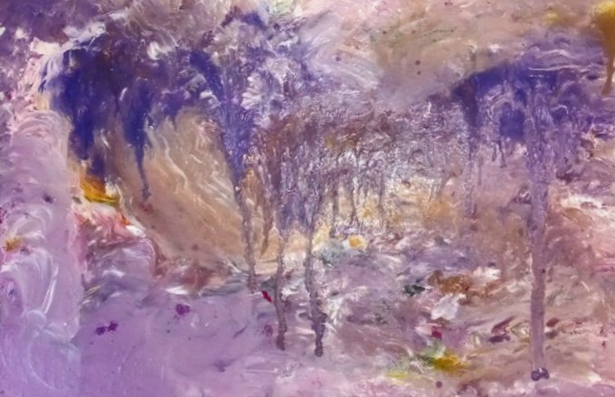 A large abstract painting features a purple background with white and brown brushstrokes, creating a sense of movement and energy.