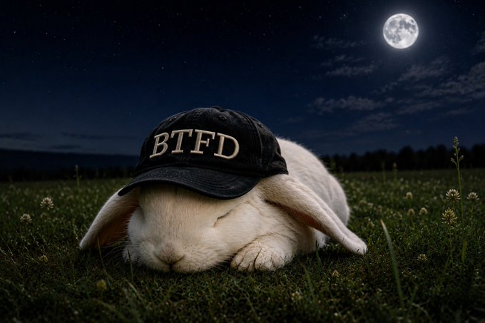 A photorealistic image of a white rabbit sleeping in a grassy field at night under a full moon, wearing a black baseball cap with the text 'BTFD'.
