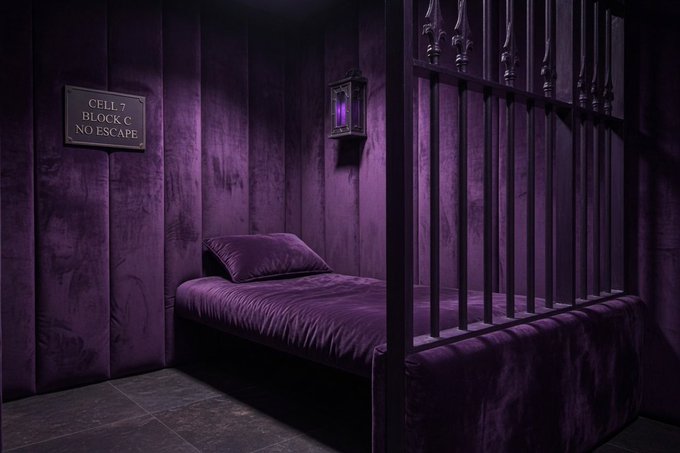 A dimly lit prison cell bathed in deep purple velvet tones, featuring a single bed with plush purple bedding behind black iron bars, a wall-mounted lantern, and a sign reading "CELL 7, BLOCK C, NO ESCAPE." The image visually embodies the "$VELVET" theme by reimagining the harsh, restrictive setting of a prison cell through the luxurious, monochromatic softness of velvet textures and rich purple hues.