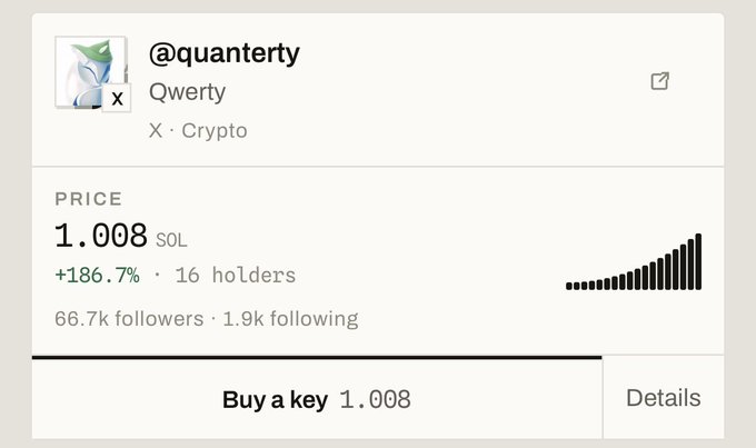 The image shows a crypto token profile for @quanternity (Qwerty) on what appears to be the Friendtech platform, priced at 1.008 SOL with a +186.7% gain, 16 holders, and a "Buy a key" button at 1.008 SOL. This visually supports the claim that "they are running back friendtech 2026," as the post highlights Friendtech's revival through newly listed tokens like Qwerty showing strong price momentum.