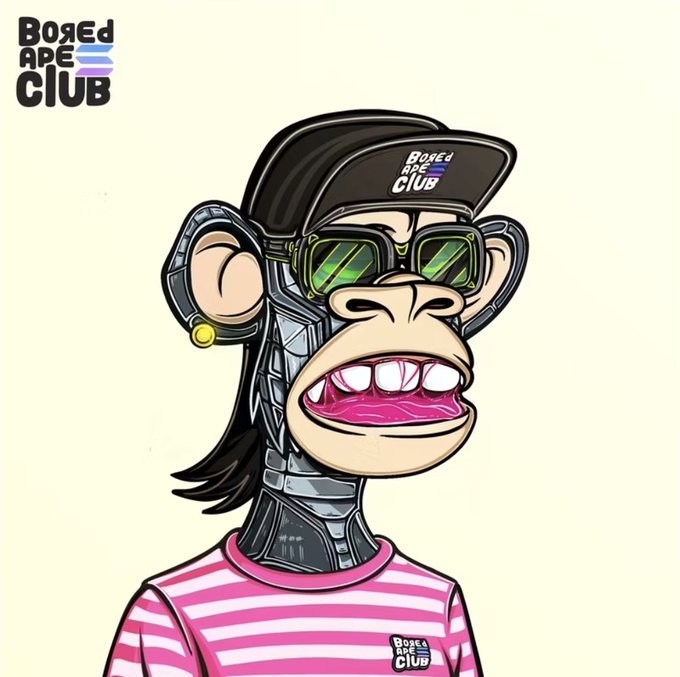 A cartoon monkey wearing sunglasses, a backwards "Bored Ape Club" cap, and a pink striped shirt grins widely, representing the Bored Ape Club NFT brand featured in the Solana NFT giveaway for a BASC #4584 and three OGs.