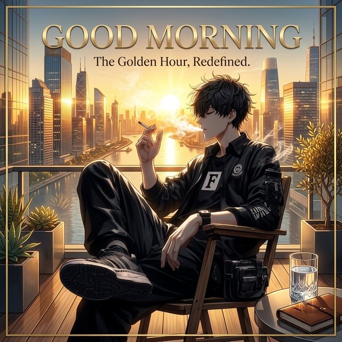 An anime-style illustration of a young man in a black jacket smoking a cigarette in a chair, with the text 'GOOD MORNING - The Golden Hour, Redefined.' displayed against a city skyline at sunset.