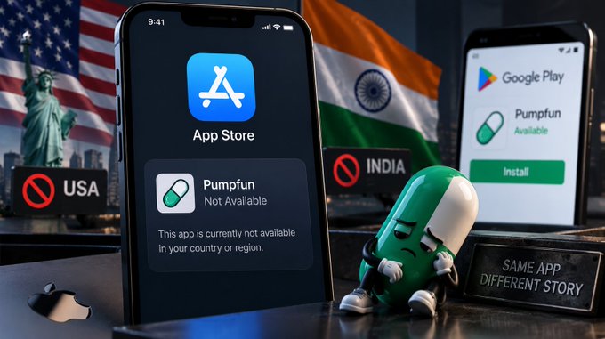 A graphic shows the Pumpfun app as 'Not Available' on the US App Store while showing 'Available' with an 'Install' button on the Google Play store, with USA and India flags marked with prohibition symbols and the text 'SAME APP DIFFERENT STORY'.