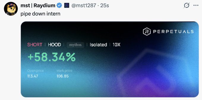 The image shows a Raydium Perps interface displaying a successful SHORT position on $HOOD with 10x leverage, showing a +58.34% gain, opened at 113.47 with a mark price of 106.85. This directly illustrates the tweet's promotion by showcasing a profitable leveraged short trade example on the platform, demonstrating the platform's potential returns.