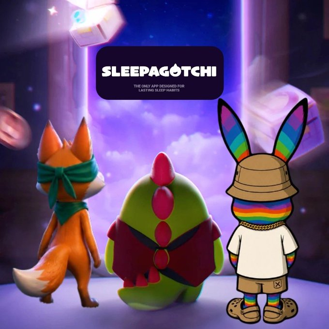 The image features a cartoon rabbit wearing a hat, standing next to two other cartoon characters - an orange fox and a green dinosaur. The rabbit appears to be holding a sign that says "gsleep @ sleepagotchi". This suggests that they are promoting or discussing the app Sleepagotchi in their cartoon characters' conversation.