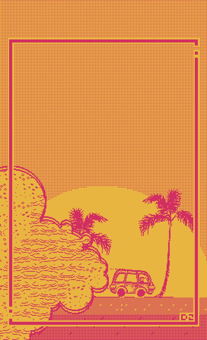 The image features a poster with an illustration of palm trees, a car, and a sunset. The background of the poster has a pink and orange color scheme, giving it a retro or vintage feel. The text "Last minute #proofofpalm2026 mint Palmchaser 48h OE 3.69 $XTZ" is written in the corner of the image, which seems to be related to the post about the car.