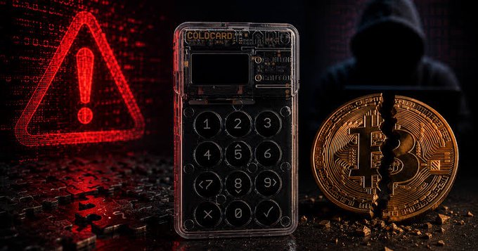 A dramatic image featuring a hardware cryptocurrency wallet with a keypad next to a cracked gold Bitcoin coin, set against a dark background with red warning triangles and a hooded hacker silhouette.