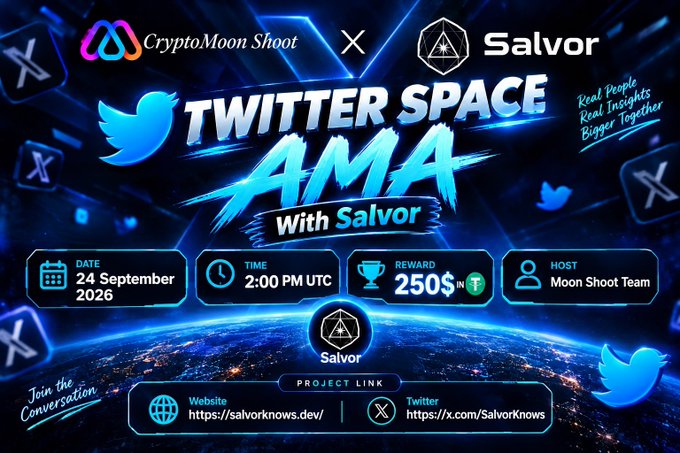 A Twitter Space AMA announcement graphic with CryptoMoon Shoot and Salvor, scheduled for 24 September 2026 at 2:00 PM UTC with a 250$ reward, hosted by Moon Shoot Team.
