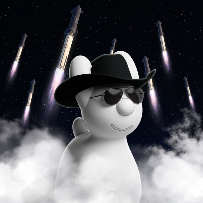 A 3D rendering of a white, rounded figure wearing a black cowboy hat and sunglasses, set against a night sky with multiple rockets launching behind it.