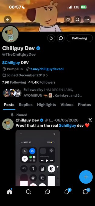 A Twitter/X profile screenshot for 'Chillguy Dev' (@TheChiltguyDev), verified, with 7.9K Following and 44.4K Followers, showing a pinned post reading 'Proof that I am the real $chillguy dev'.