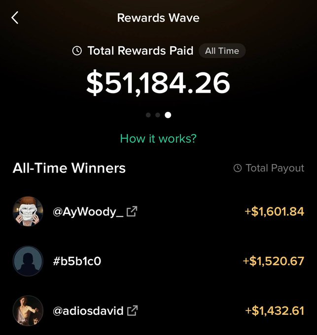 The image displays the "Rewards Wave" page of the Moby leaderboard, showing $51,184.26 in total all-time rewards paid, alongside the top three all-time winners: @AyWoody_ (+$1,601.84), #b5b1c0 (+$1,520.67), and @adiosdavid (+$1,432.61). It visually reinforces the post's announcement that Moby paid $51,000+ to traders within its first month through hourly reward waves distributed to top performers by 24h PnL.