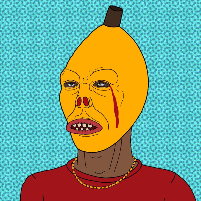 A stylized illustration depicts a figure wearing an oversized yellow banana mask with human-like facial features—eyes, a mouth with prominent teeth, and a red streak running down one cheek—paired with a gold chain necklace and red shirt against a dotted teal background, aligning with the "An old friend" Bad People NFT (1/1, 100 tezos) listed on objkt, where the banana disguise evokes themes of hidden identity and unsettling familiarity.