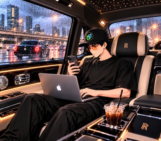 An anime-style illustration of a young man in a black cap and sunglasses sitting in a luxury car with a starlight ceiling, using a MacBook and phone while looking out at a rainy city skyline.